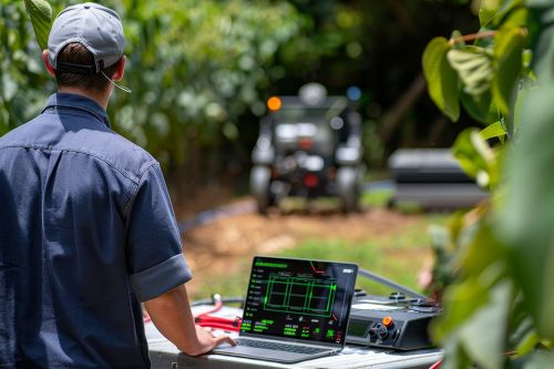 Mann bedient Laptop im Wald